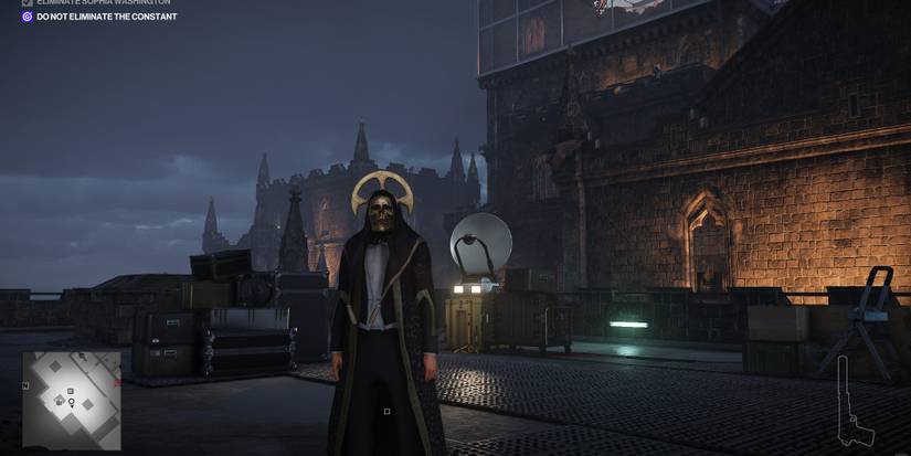 Hitman 2's Agent 47 wearing the Jebediah Block disguise, on the Ark Society mission on Isle of Sgail