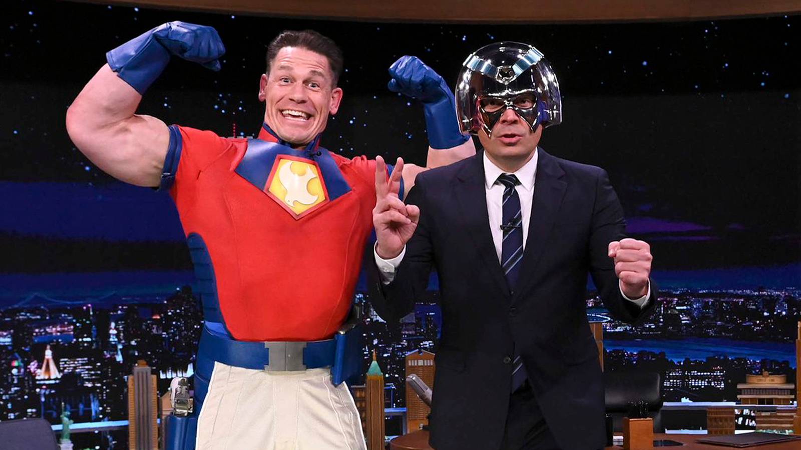 John Cena loses Peacemaker helmet to Jimmy Fallon