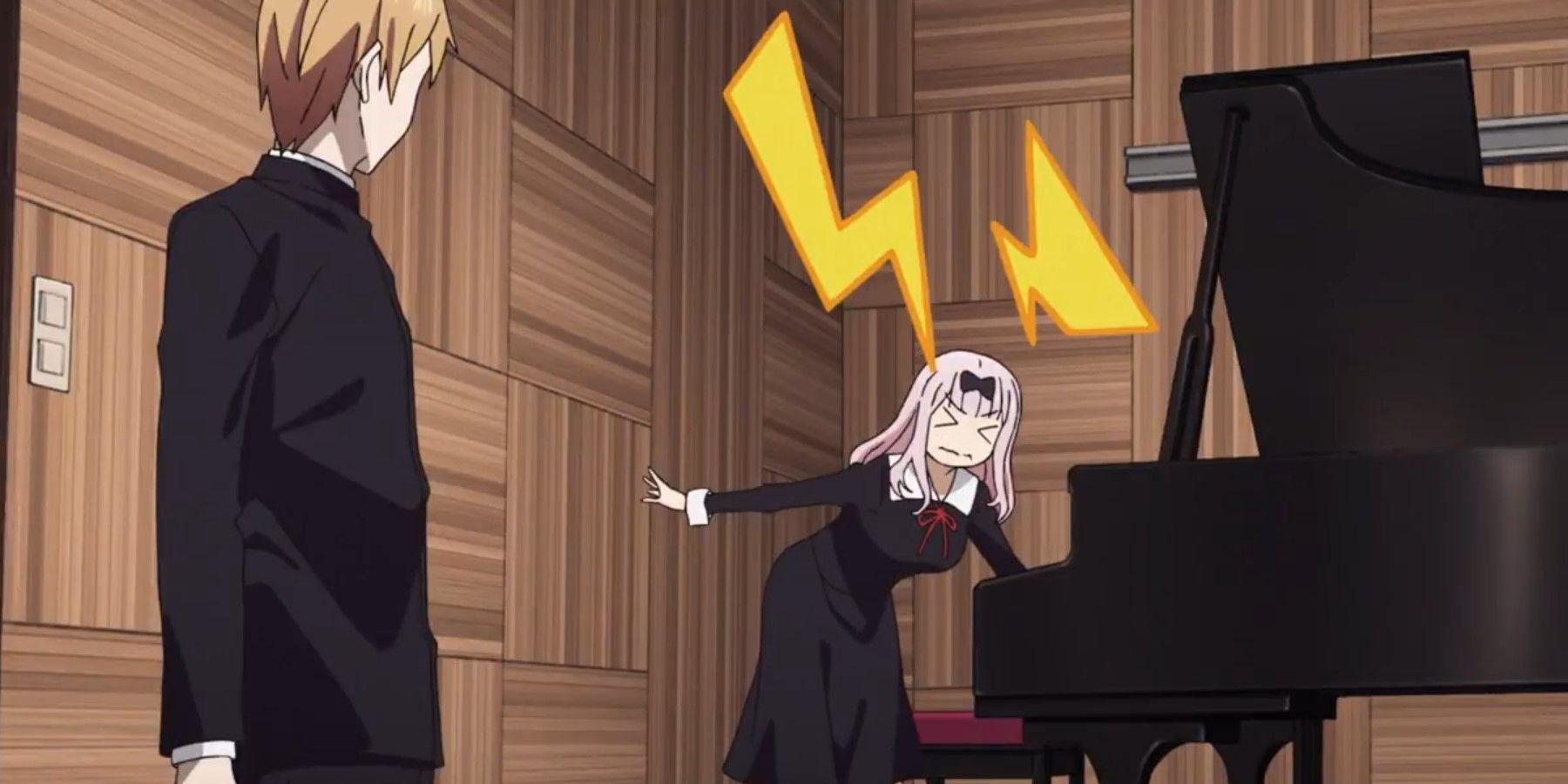 Kaguya-sama Fujiwara showing Shirogane notes on a piano