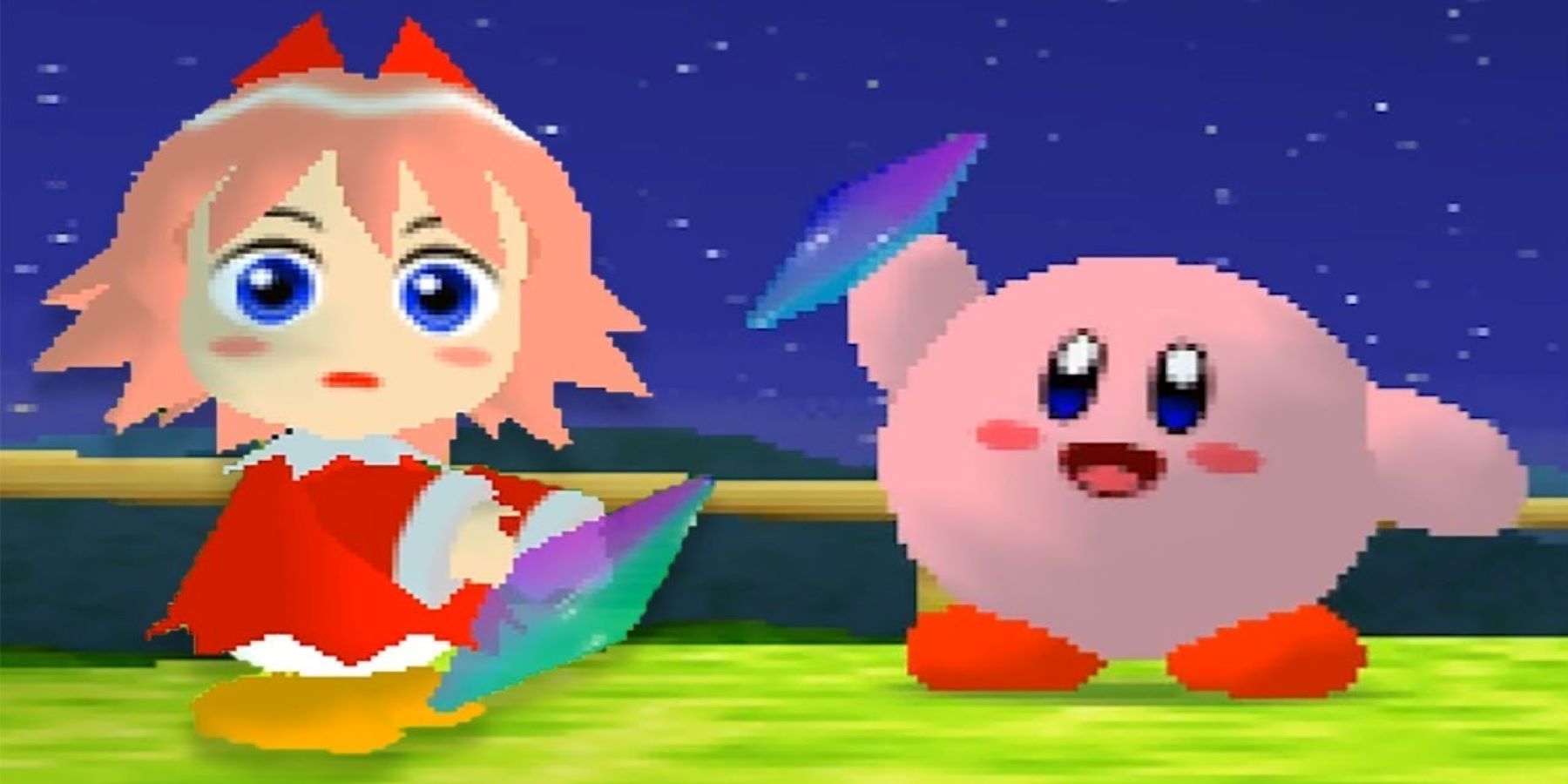 Kirby and Ribbon holding crystal shards in a cutscene from Kirby 64: The Crystal Shards