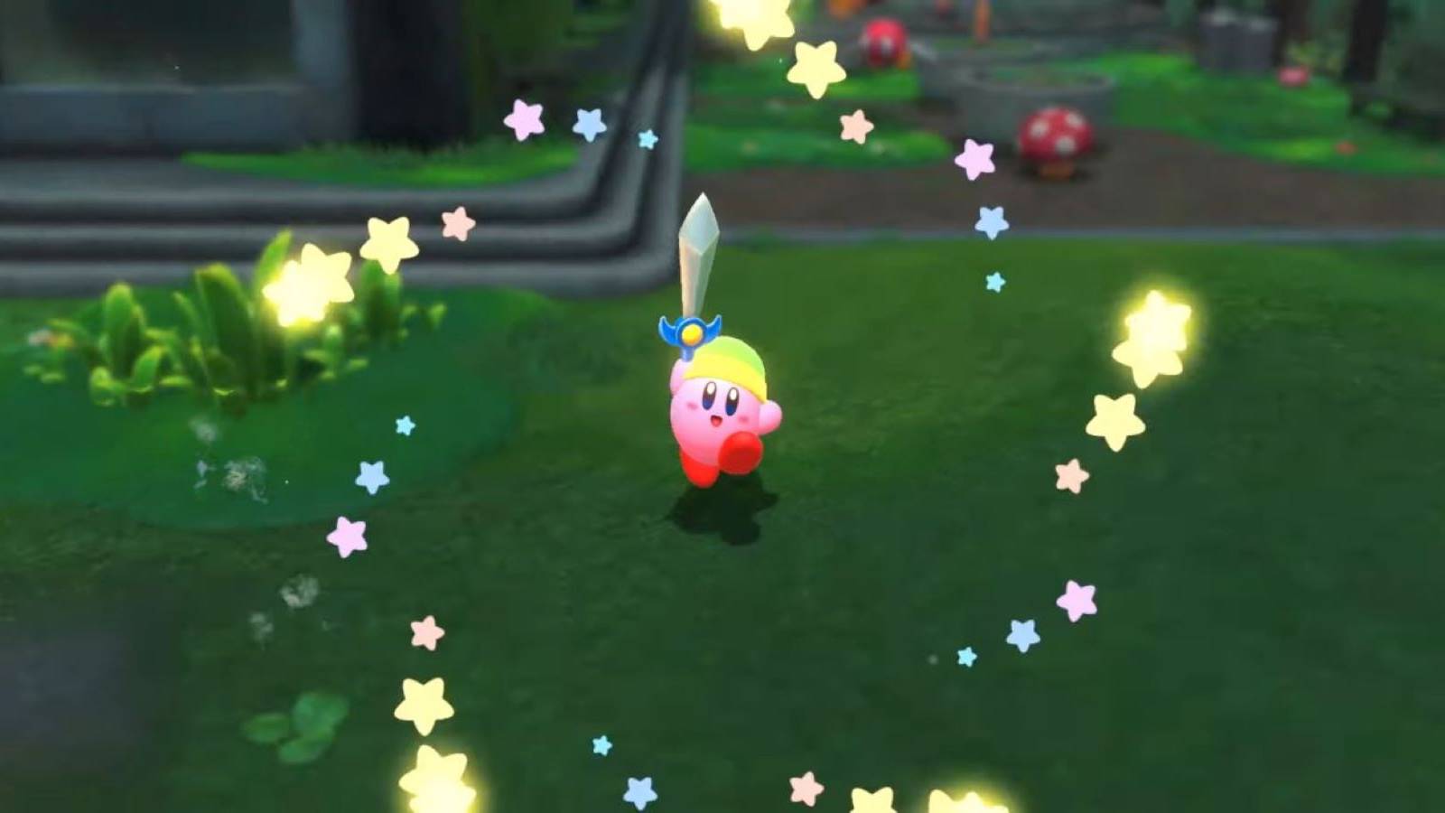Kirby acquiring the Sword Copy Ability in Kirby and the Forgotten Land