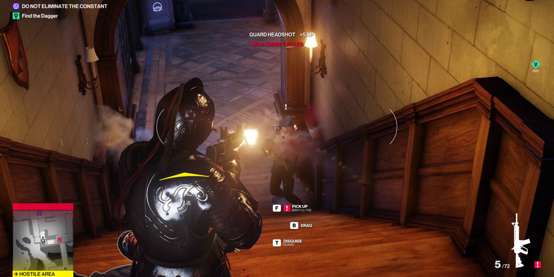 Agent 47 shoots a guard with an assault rifle wearing a knight's armor. Visible muzzle flash.