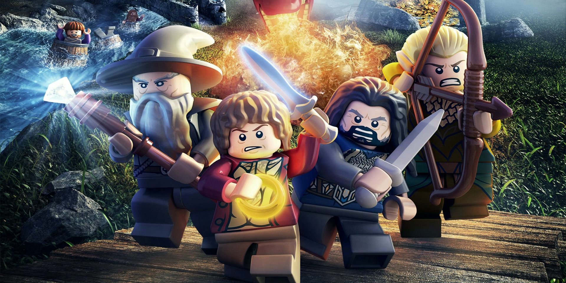 LEGO Bilbo, Gandalf, Legolas, and Thorin running