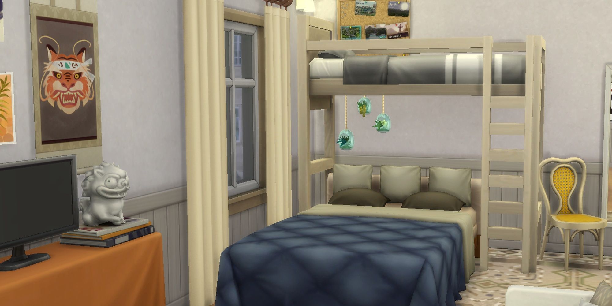 A lofted bed stationed over a large quilted bed in what looks like a Sims 4 dormitory.