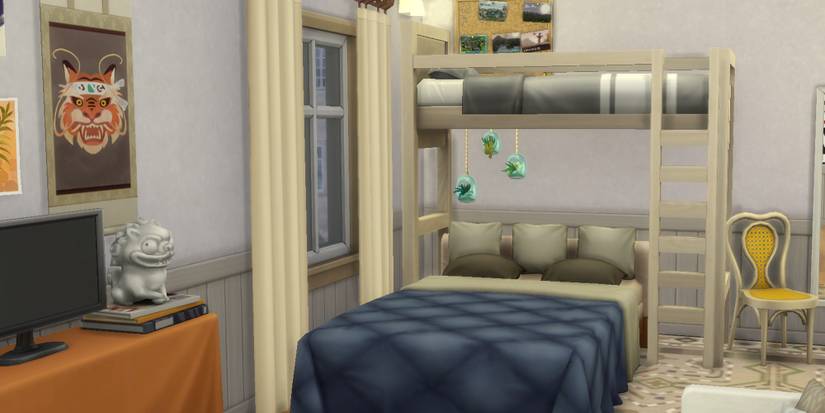 A lofted bed stationed over a large quilted bed in what looks like a Sims 4 dormitory.