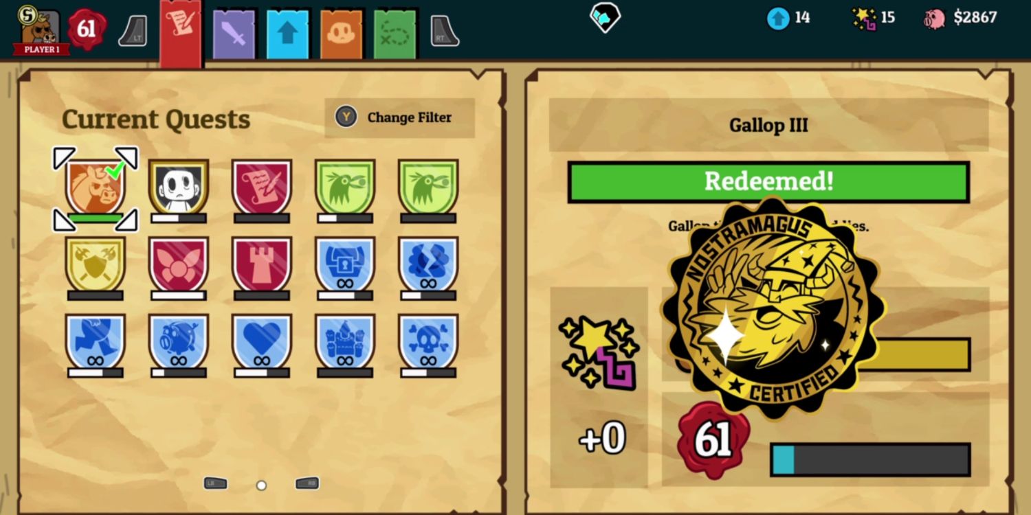 quest menu screen with a completed quest selected and a gold seal of approval over the details section on the left