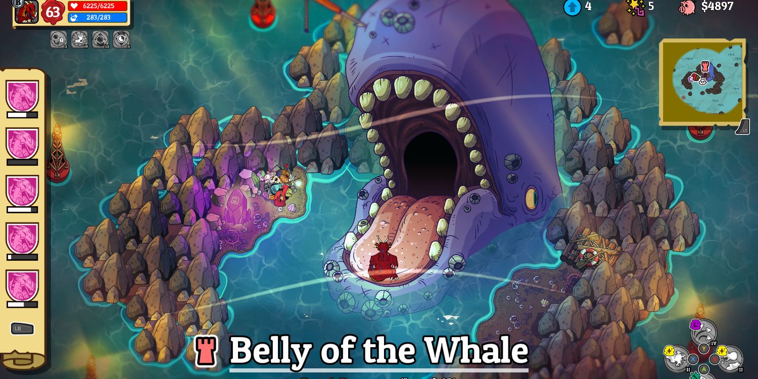 a large, cartoon blue whale with its mouth open surrounded by rocks sticking up out of the water
