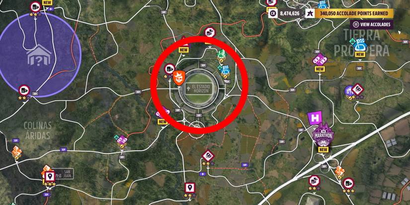 El Estadio Horizon location circled on Forza Horizon 5 map
