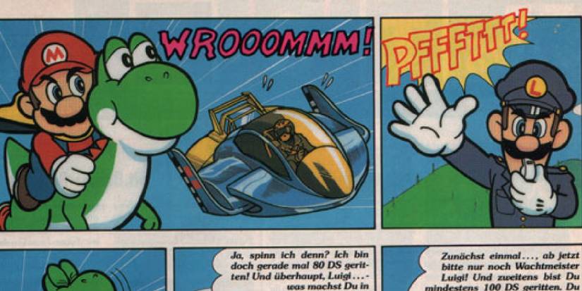 Luigi as a policeman stopping Mario as he speeds past the Blue Falcon on Yoshi