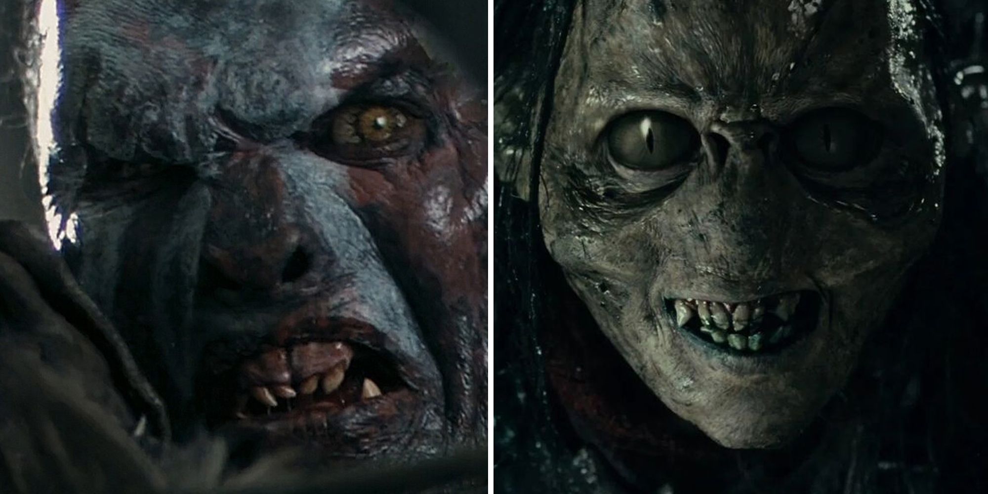 Split image of Lurtz the uruk-hai and a Moria orc from Lord of the Rings