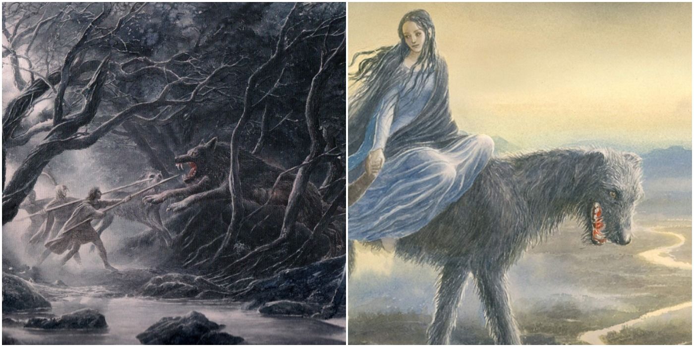 Luthien, Huan, and Carcharoth in The Silmarillion, Art by Alan Lee