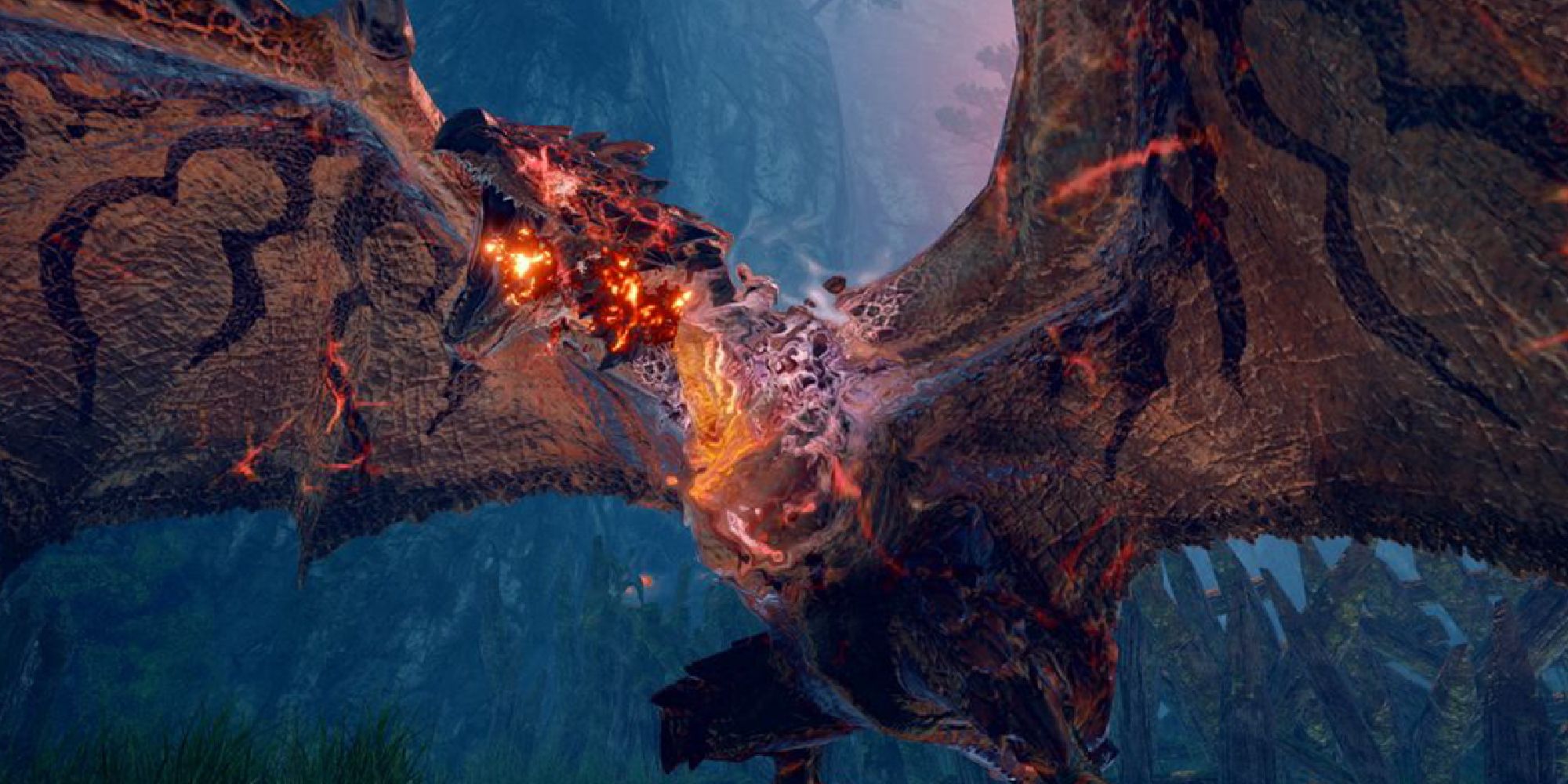 Apex Rathalos readying to shoot flame from its mouth at night