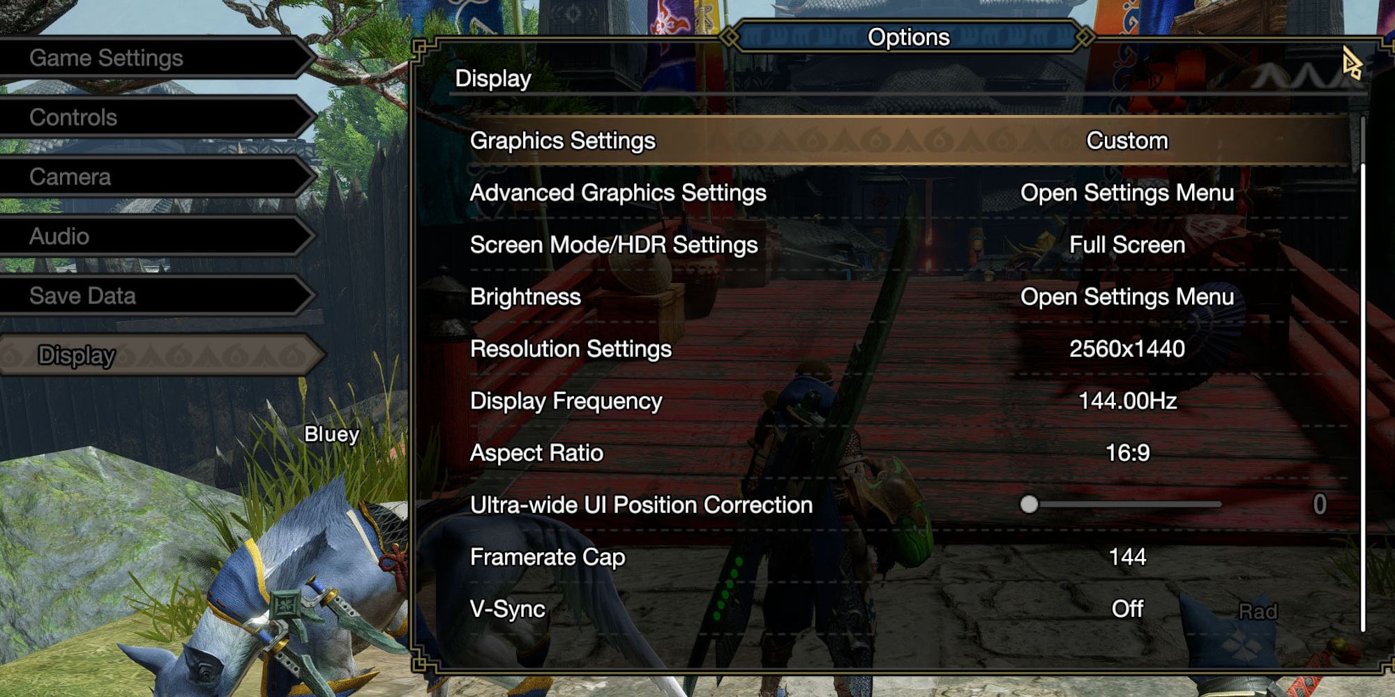 The graphical settings menu in Monster Hunter Rise for PC