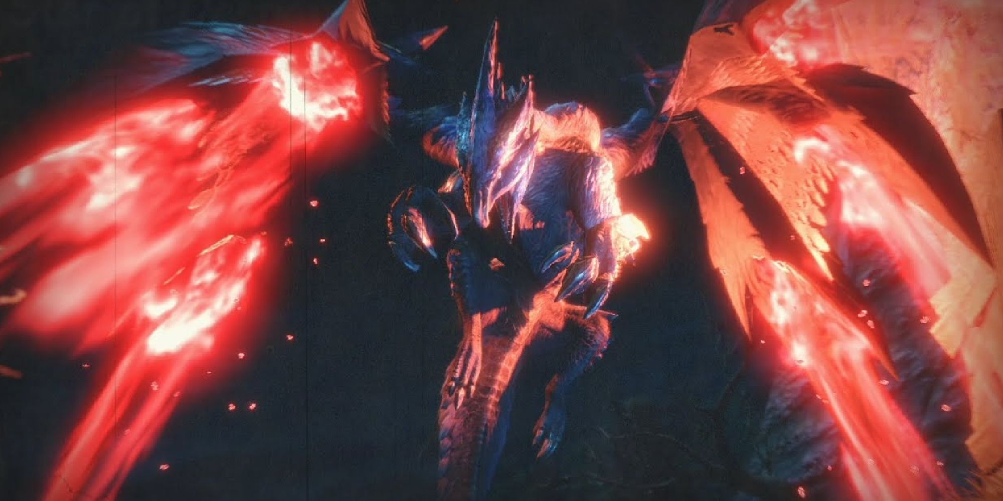 Crimson Glow Valstrax flying in mid-air with its wings glowing red