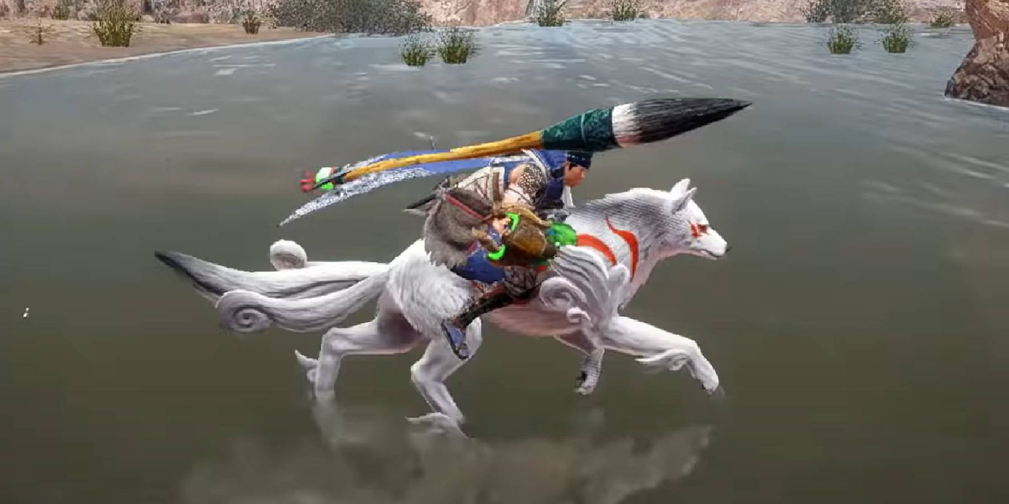 A Hunter riding a Palamute that looks like Amaterasu from Okami