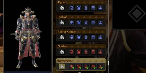 Armor selection screen showing male Hunter in Damascus Armor