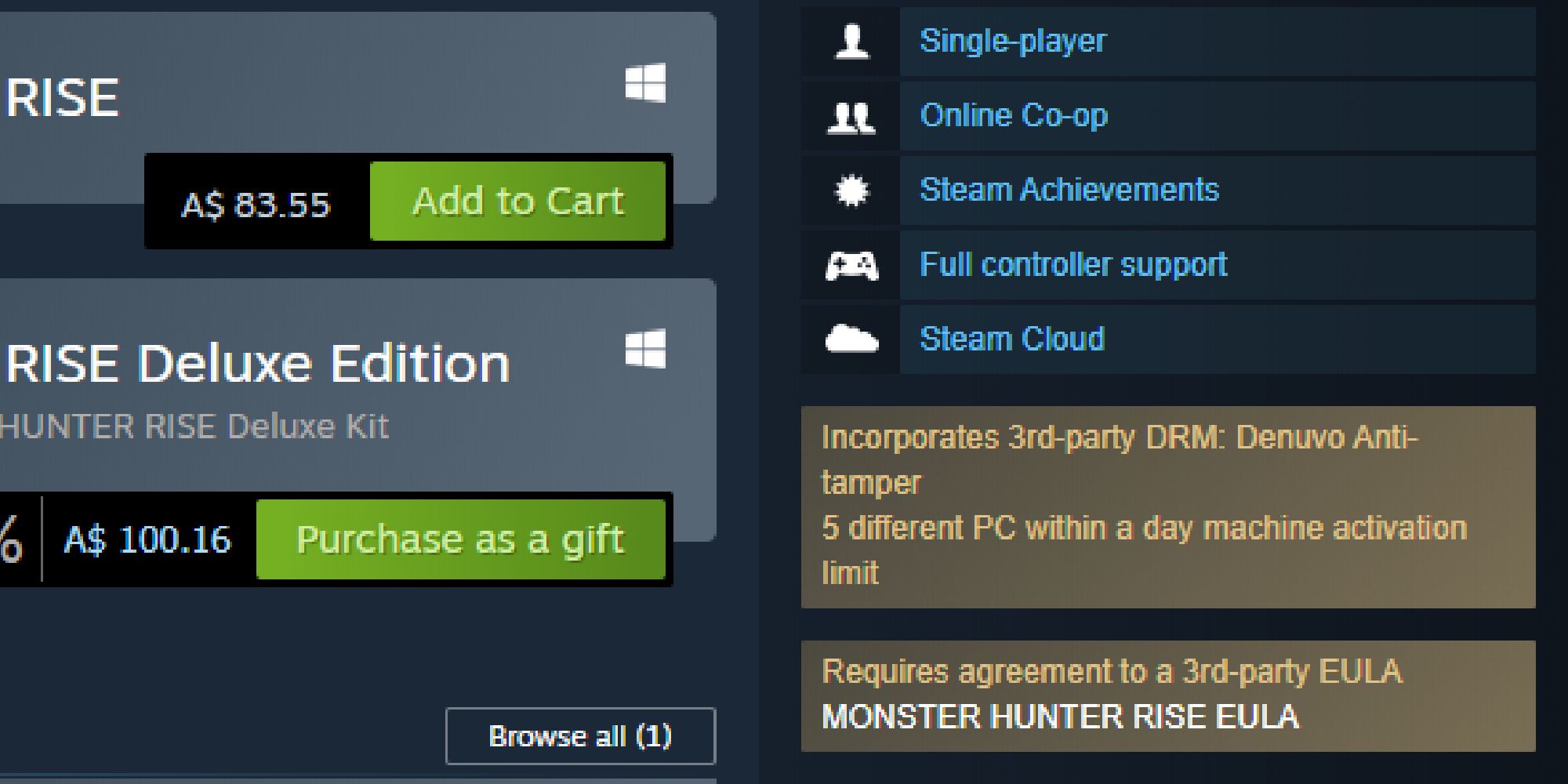 The Denuvo anti-piracy warning on Steam's page for Monster Hunter Rise