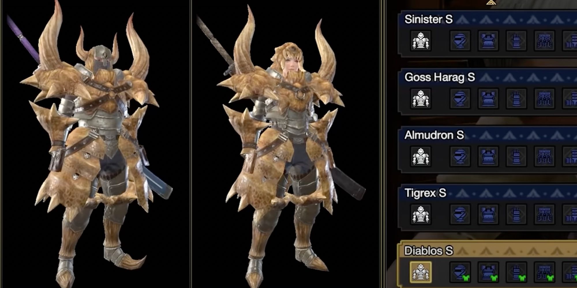 Armor selection screen showing both gendered Hunters in Diablos armor
