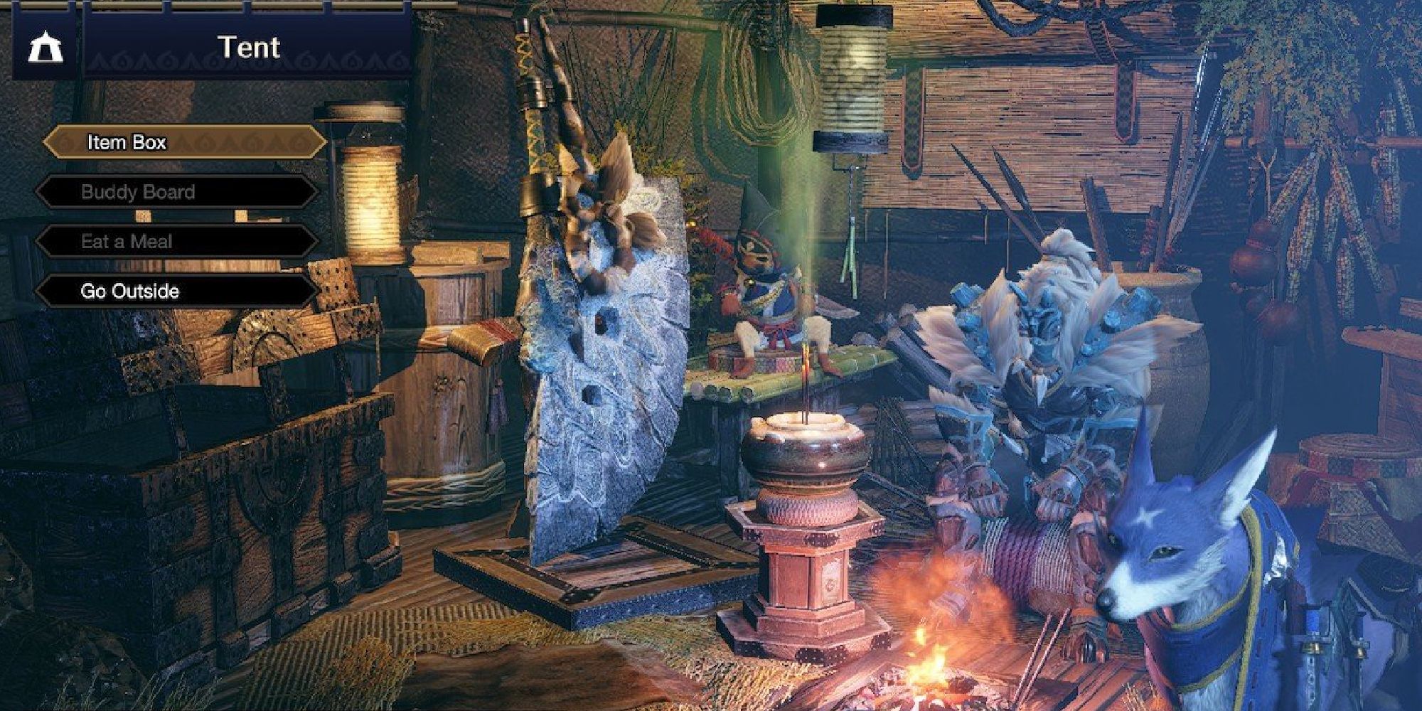 A Hunter, their Palamute, and their Palico sitting inside a tent during a hunt