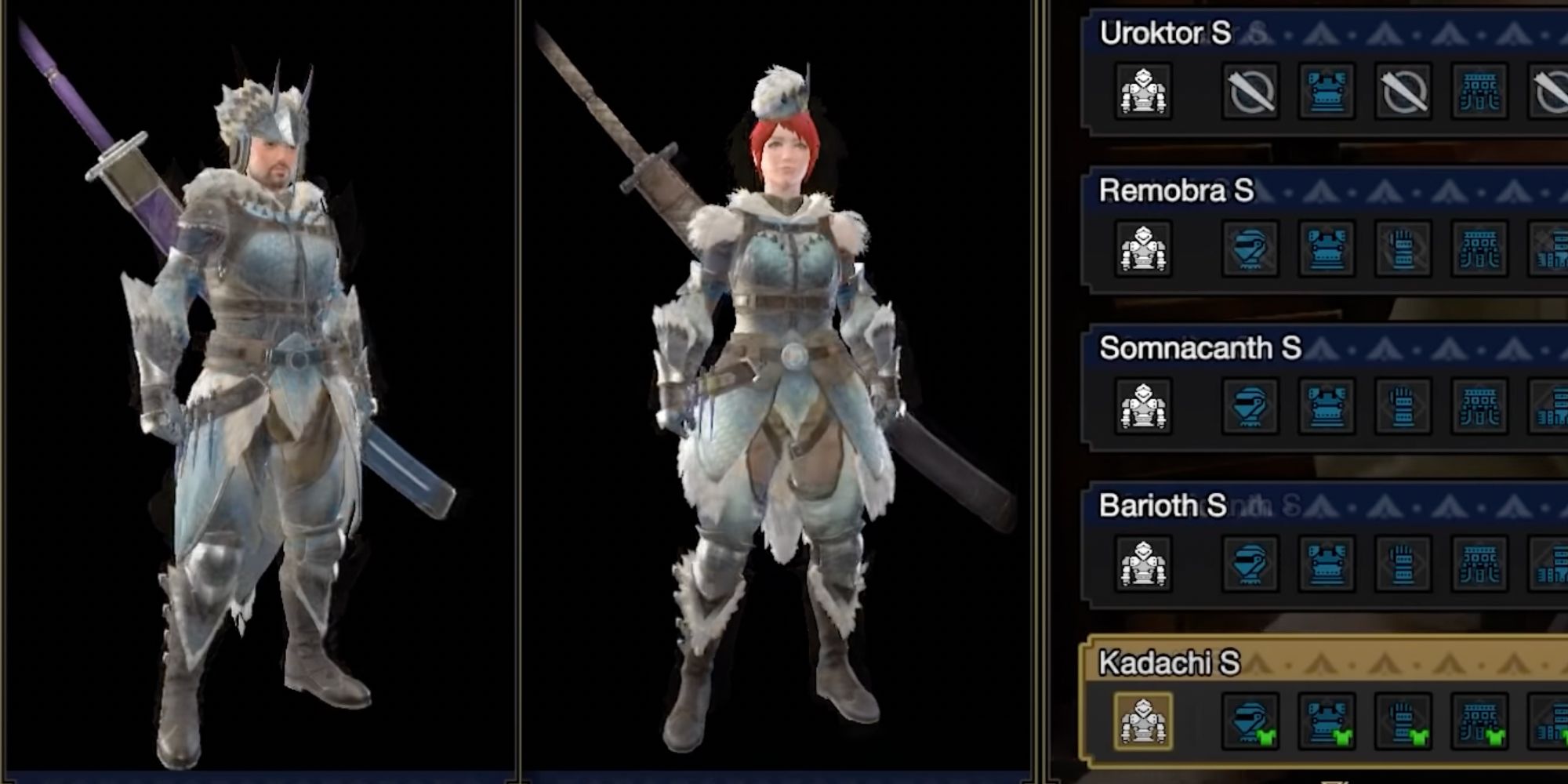 Armor selection screen showing both gendered Hunters in Kadachi armor