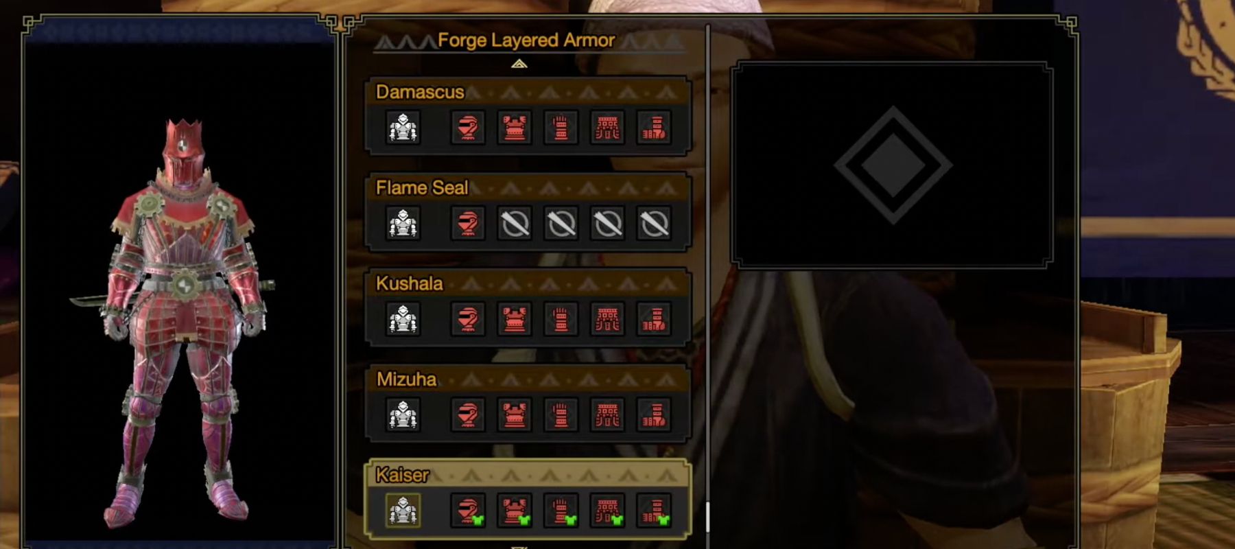 Armor selection screen showing male Hunter in Kaiser armor