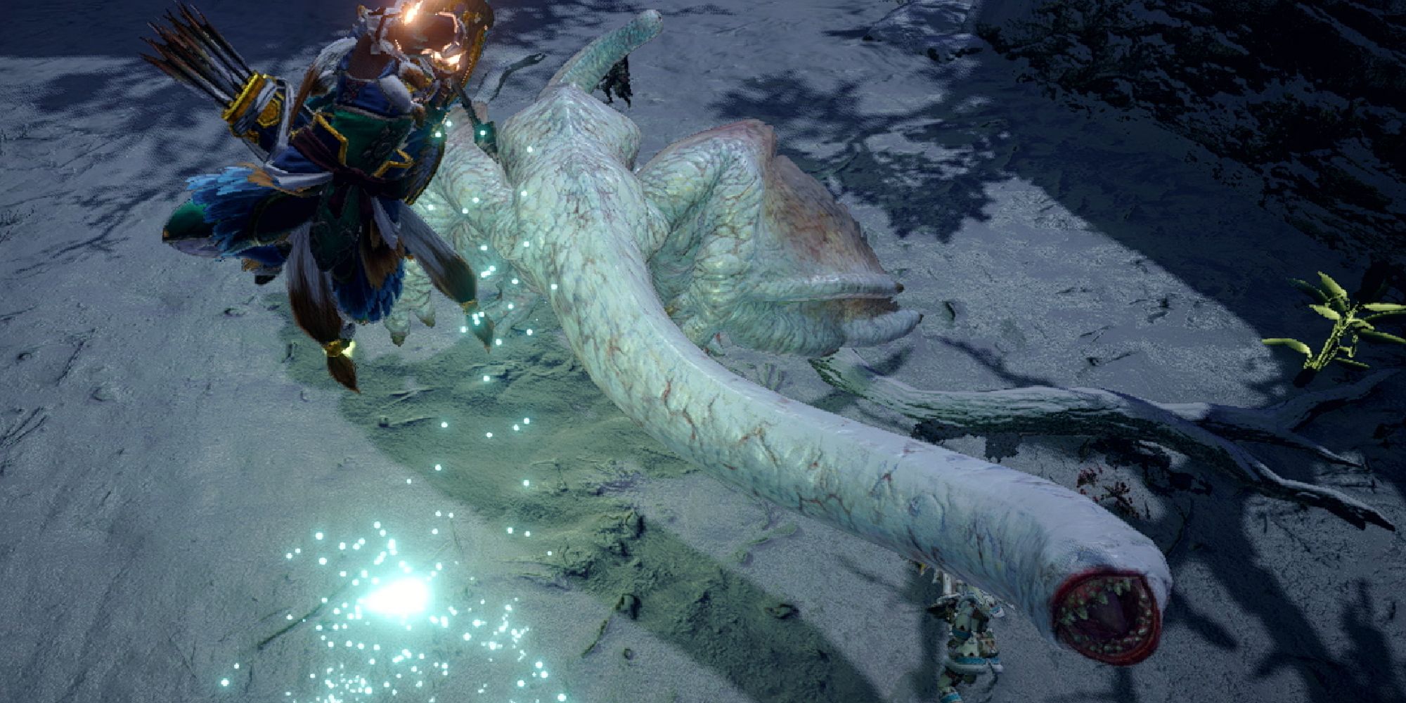 A Bow Hunter attacking a Khezu from mid-air