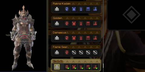 Armor selection screen showing male Hunter in Kushala armor