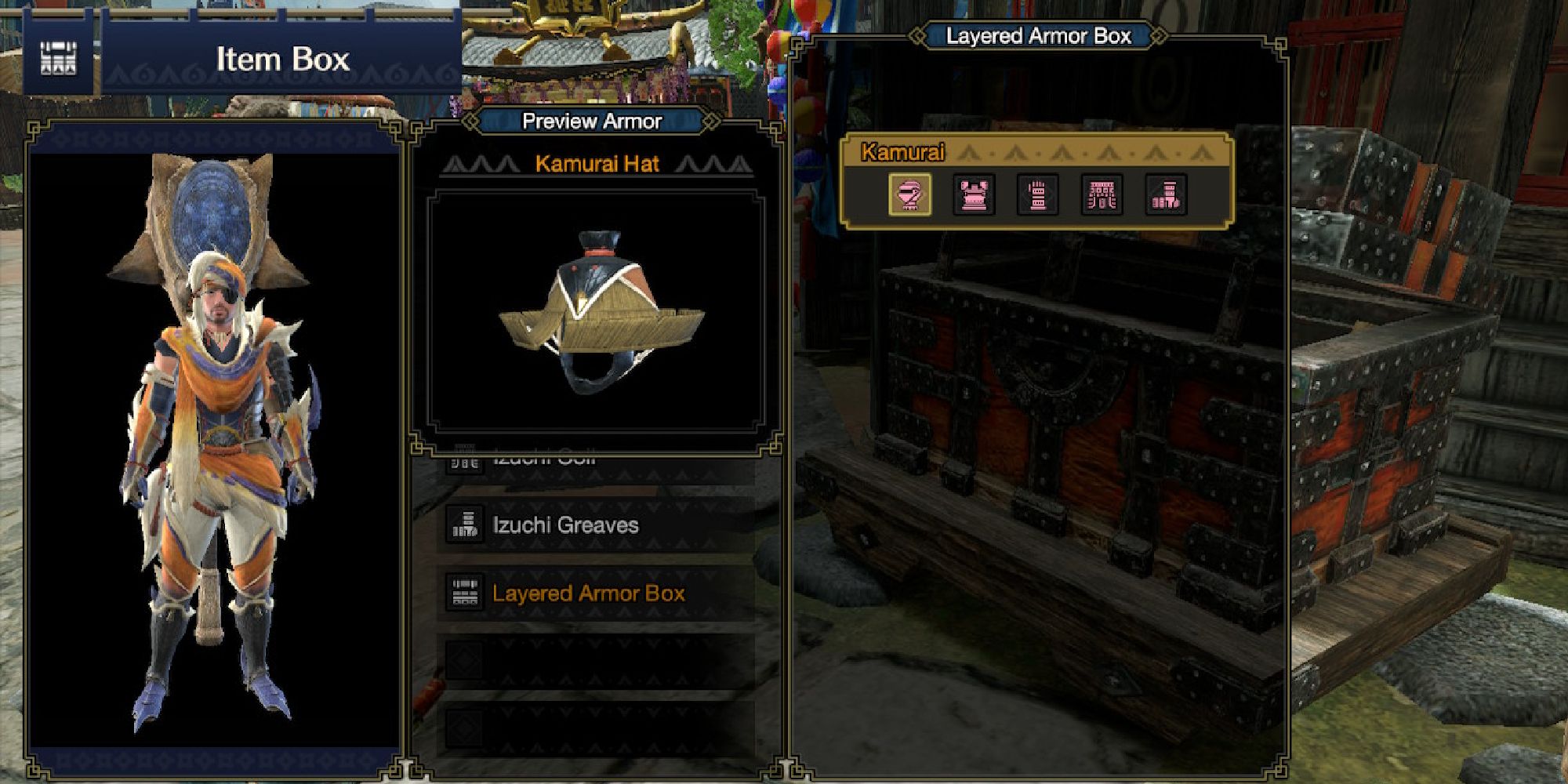 Menu showing a Kamurai layered armor loadout in Monster Hunter Rise