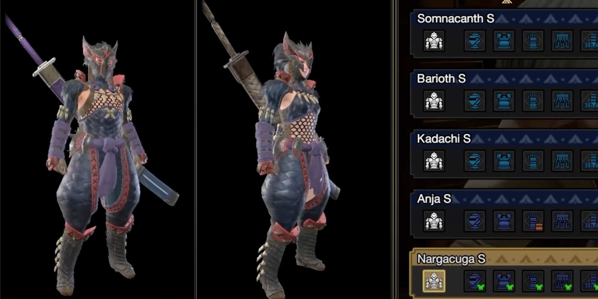 Armor selection screen showing both gendered Hunters in Nargacuga Armor