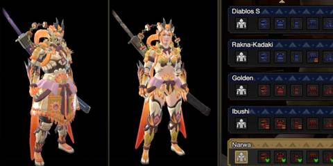 Armor selection screen showing both gendered Hunters in Narwa armor