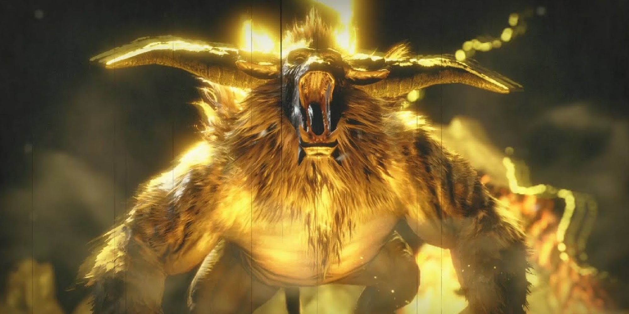 Rajang activating its golden-furred Rage Mode by roaring