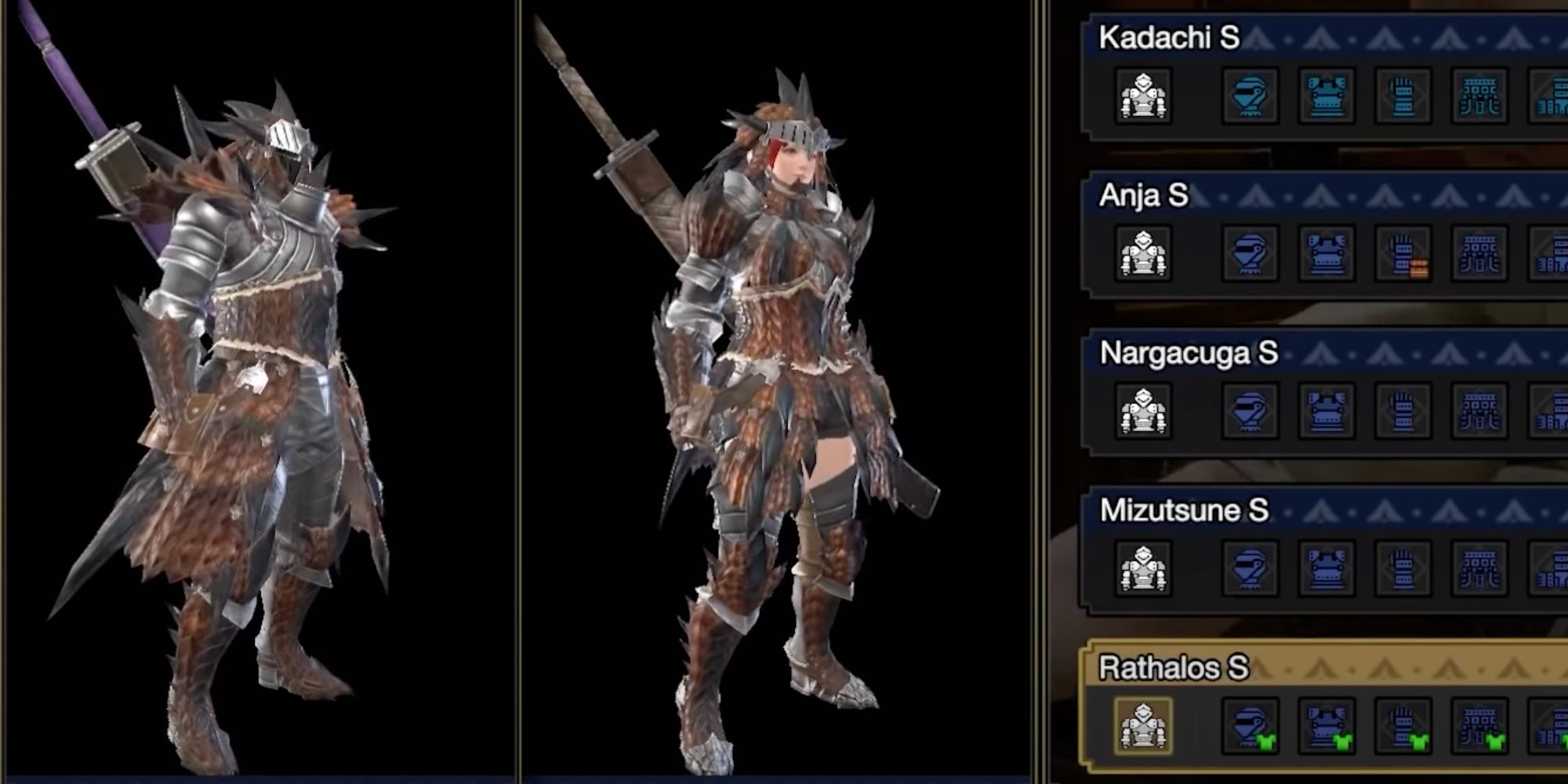 Armor selection screen showing both gendered hunters in Rathalos armor