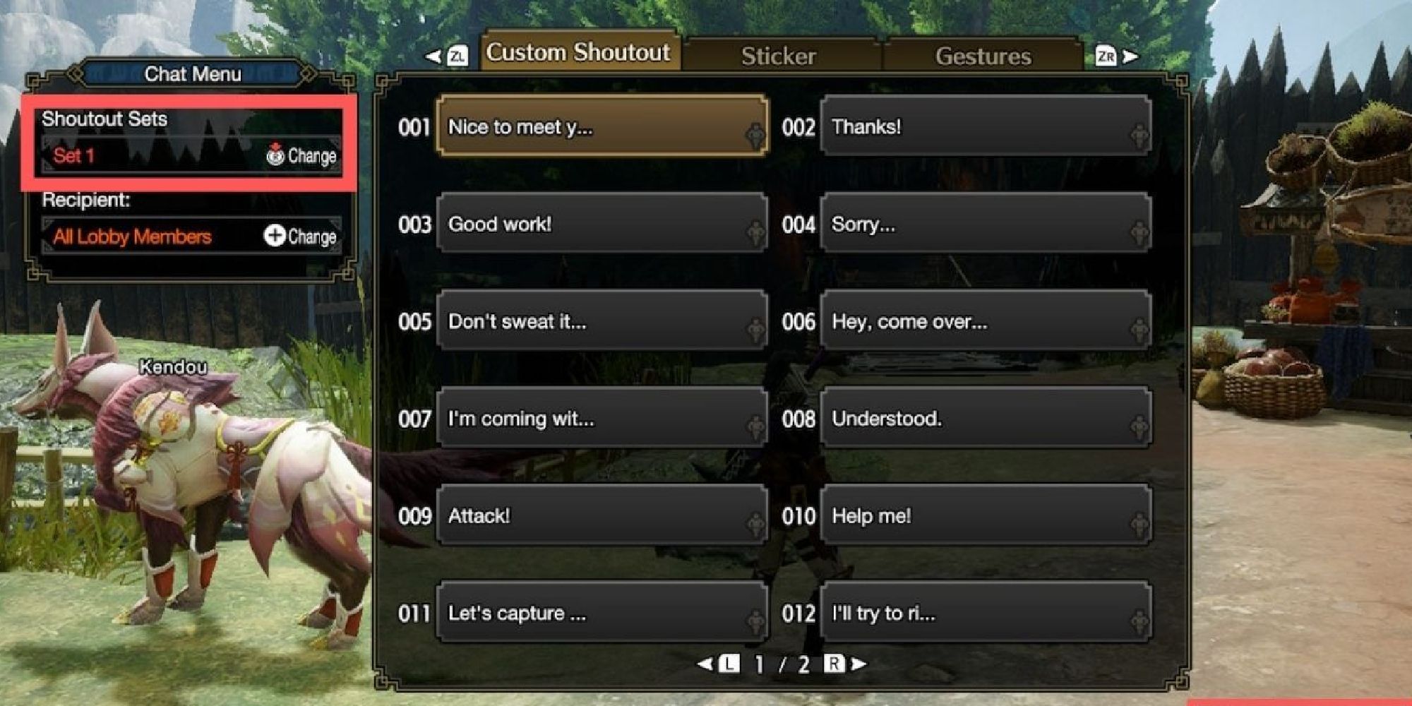 The Monster Hunter Rise chat menu on Nintendo Switch