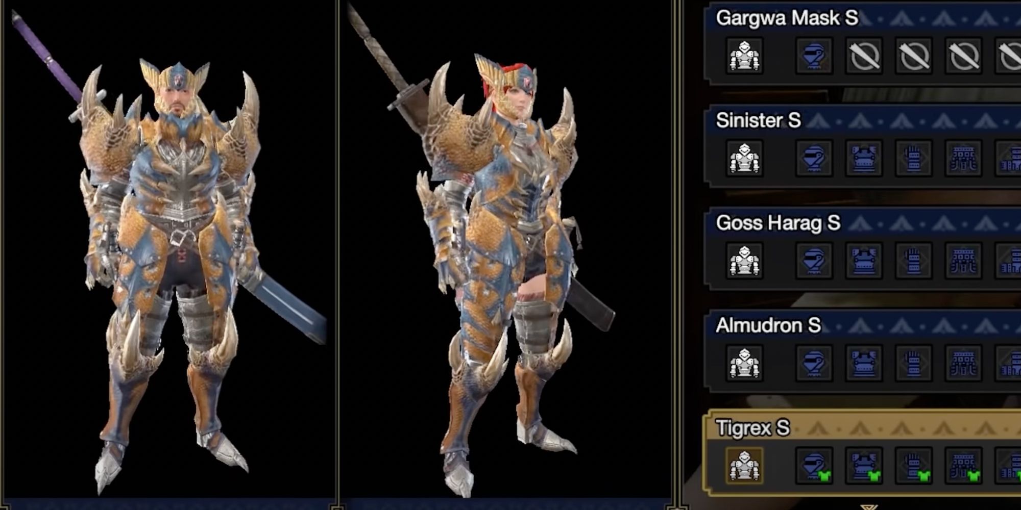 Armor selection screen showing both gendered Hunters in Tigrex armor