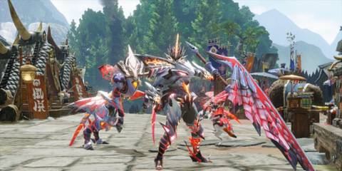 Hunter, Palamute, and Palico in Kamura Village wearing Valstrax Armor