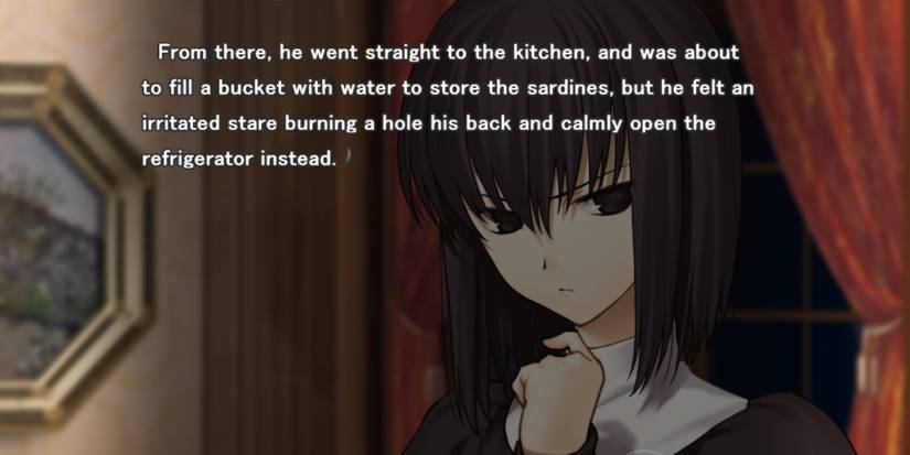 Mahoyo - An image of Alice staring at the camera, with prose overlaid on top.