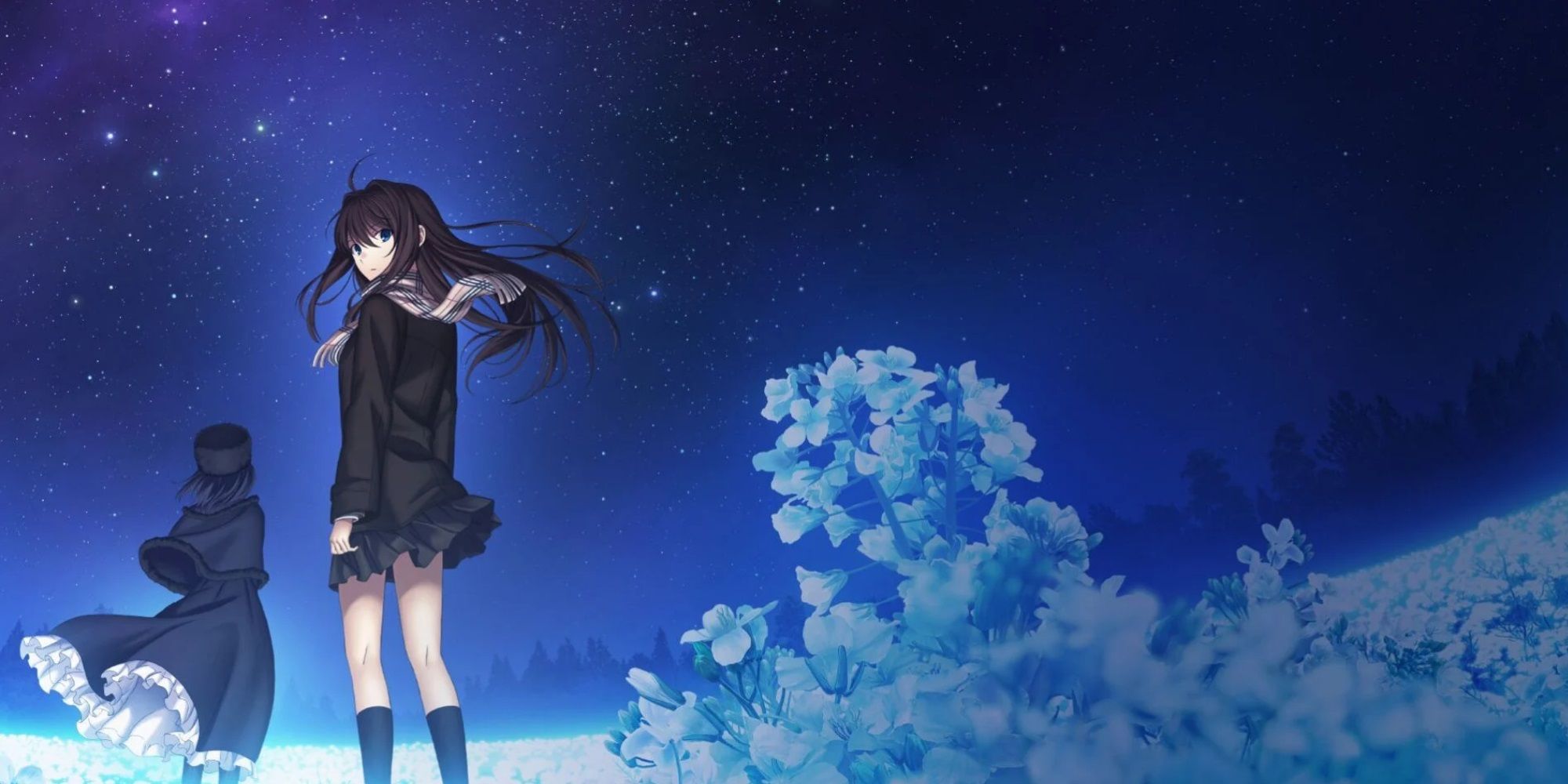 Mahoyo - A beautiful screen of Aoko and Alice standing under a colorful night sky.