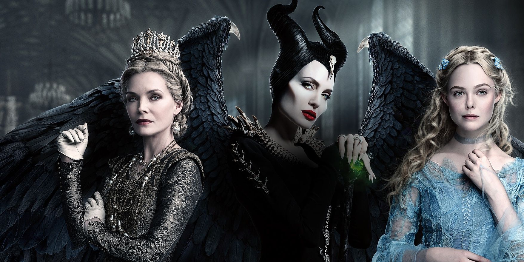 Queen Ingrith, Maleficent, and Aurora face the camera on a movie poster for Disney's Maleficent