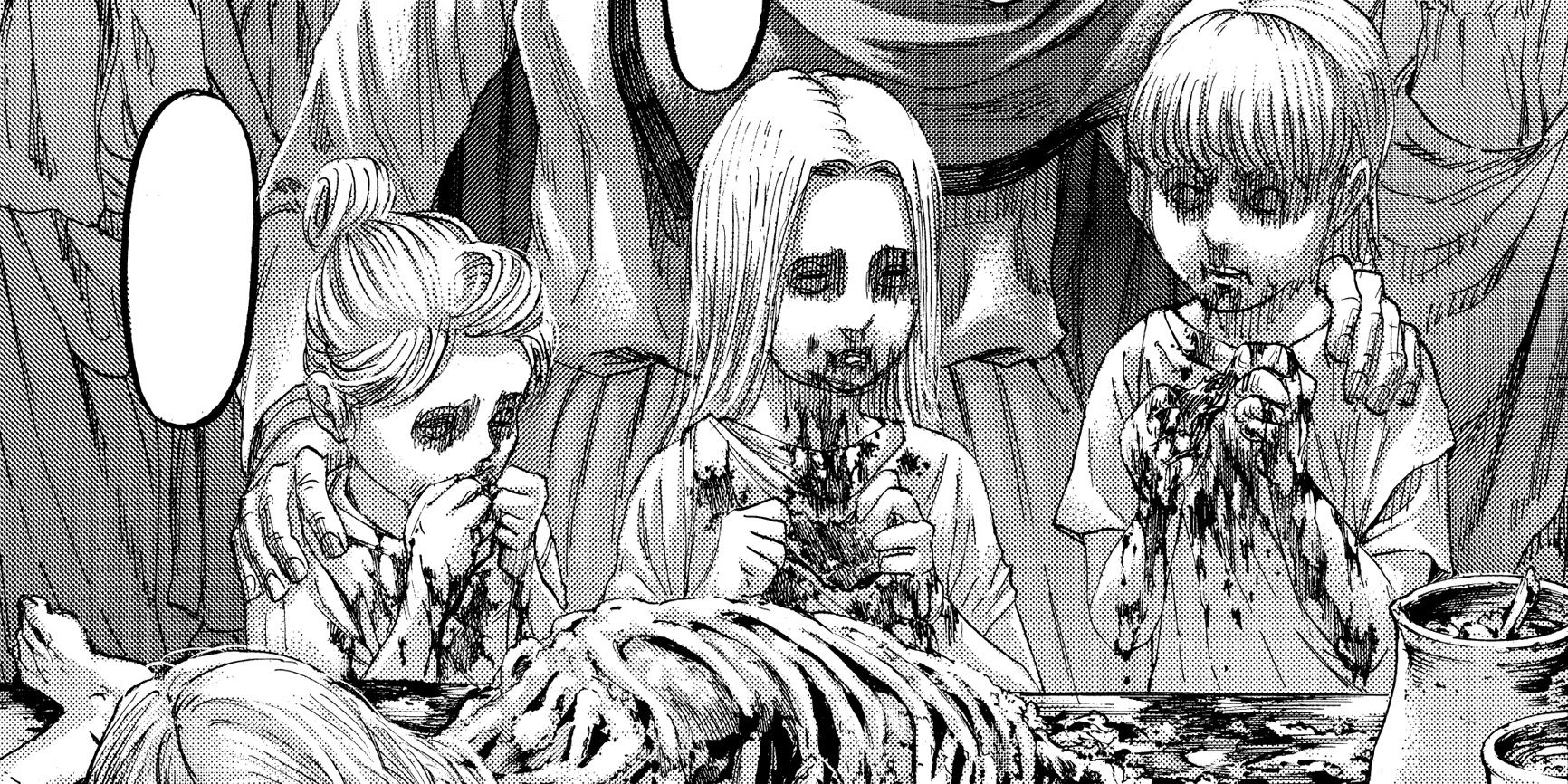 Maria, Rose, and Sina cannibalize Ymir in Attack on Titan