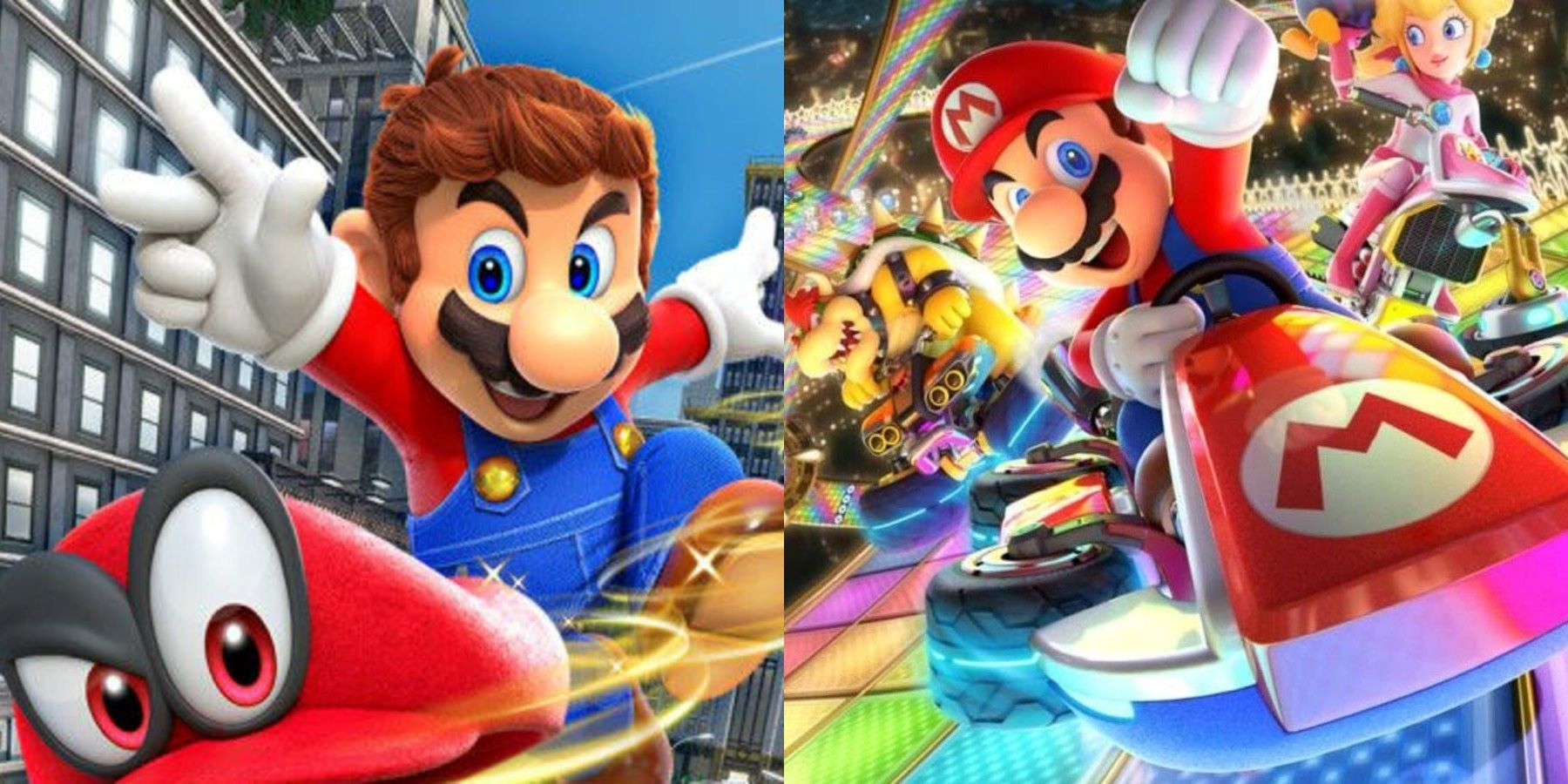 Mario and Cappy in Super Mario Odyssey next to Mario, Peach, and Bowser in Mario Kart 8 Deluxe