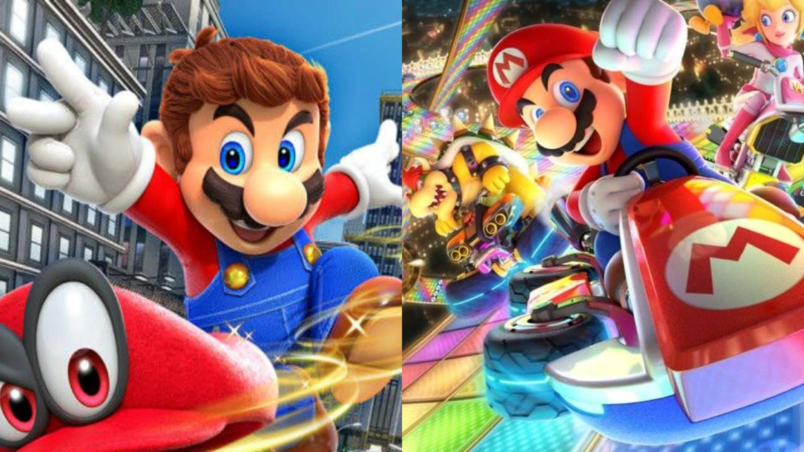 Mario and Cappy in Super Mario Odyssey next to Mario, Peach, and Bowser in Mario Kart 8 Deluxe