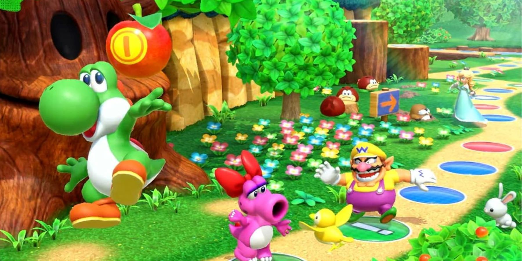 Yoshi, Birdo, Wario, and Rosalina exploring the Woody Woods board in Mario Party Superstars