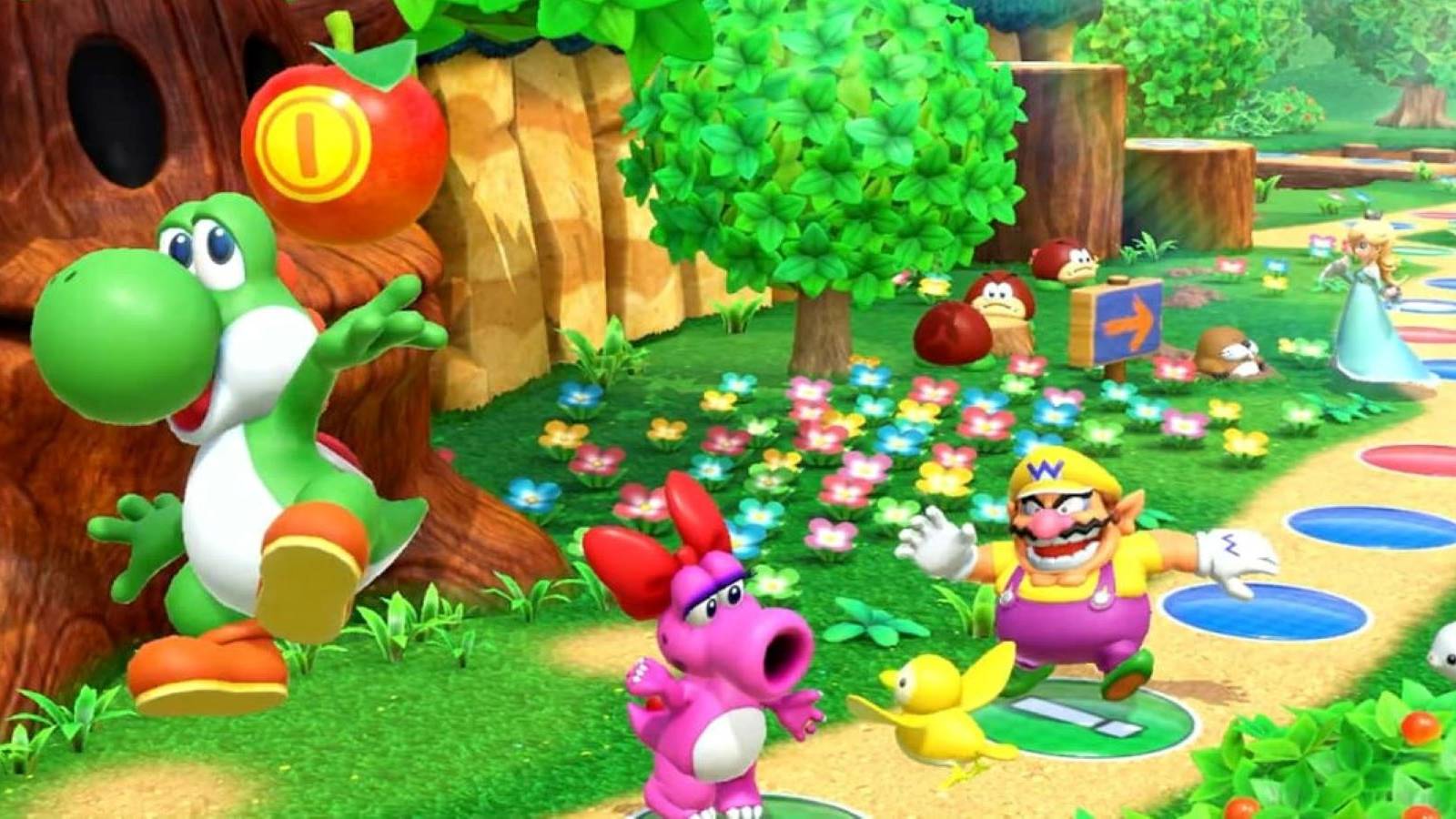 Yoshi, Birdo, Wario, and Rosalina exploring the Woody Woods board in Mario Party Superstars