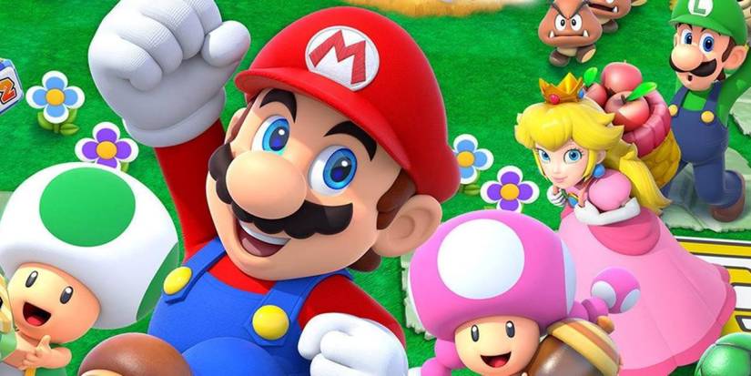 A close up of Mario, Peach, Luigi, Green Toad, Toadette, and some Goombas from Mario Party Star Rush