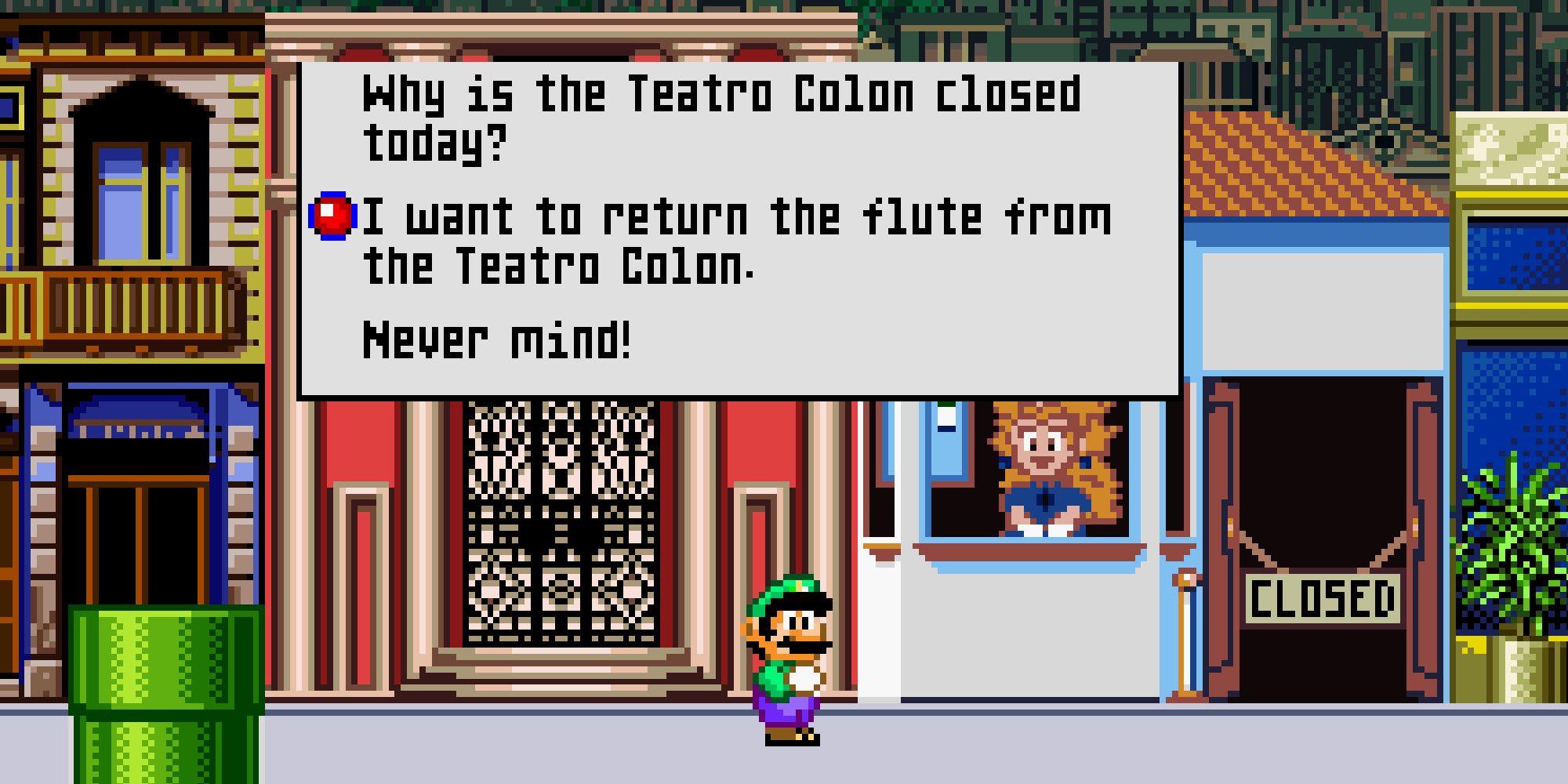 Luigi being asked a question about Teatro Colon by Princess Peach