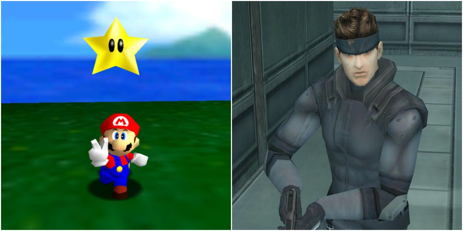 (Слева) Марио получает звезду (Справа) Снейк с ружьем