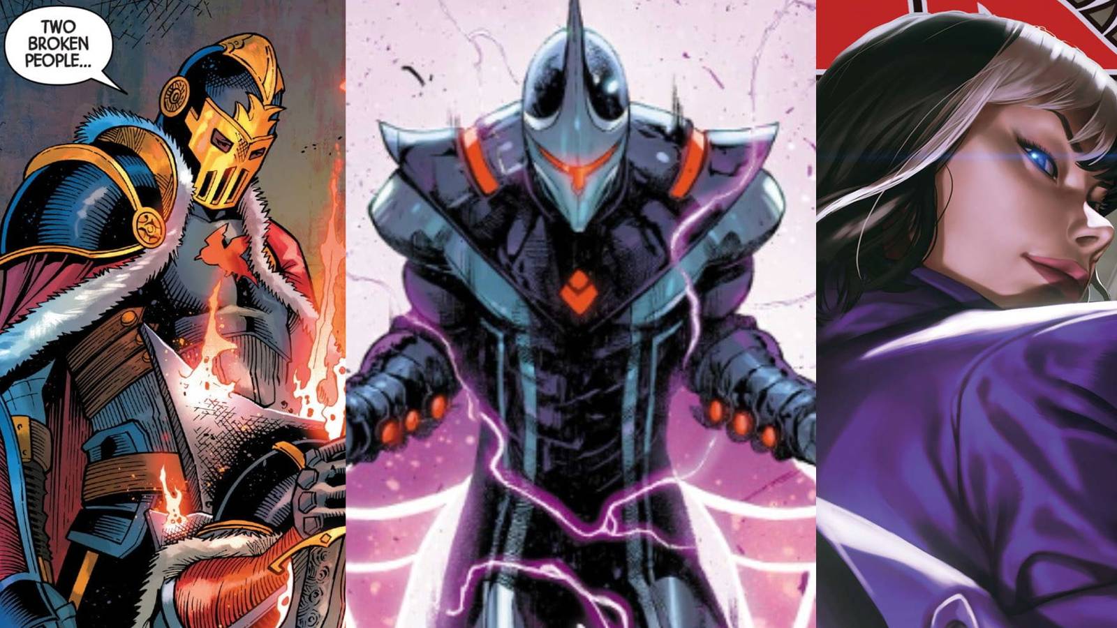 Jacks in the Black Knight outfit standing above Dane Whitman; the 2021 Darkhawk comic cover; Saya Ishii on the 2021 Silk cover