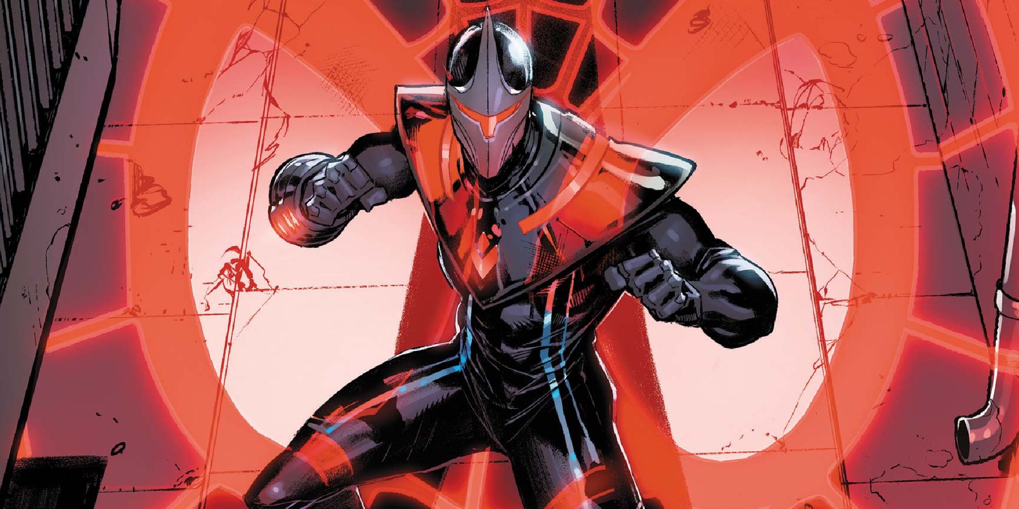 Darkhawk Android standing in a corridor beneath a Spider-Man mask projection