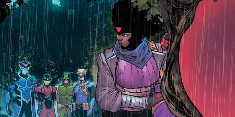 Gimmick facing a tree, turned away from the other Children of the Atom