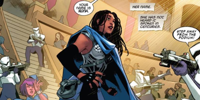 Runa surrounded by soldiers with guns as she remembers her identity